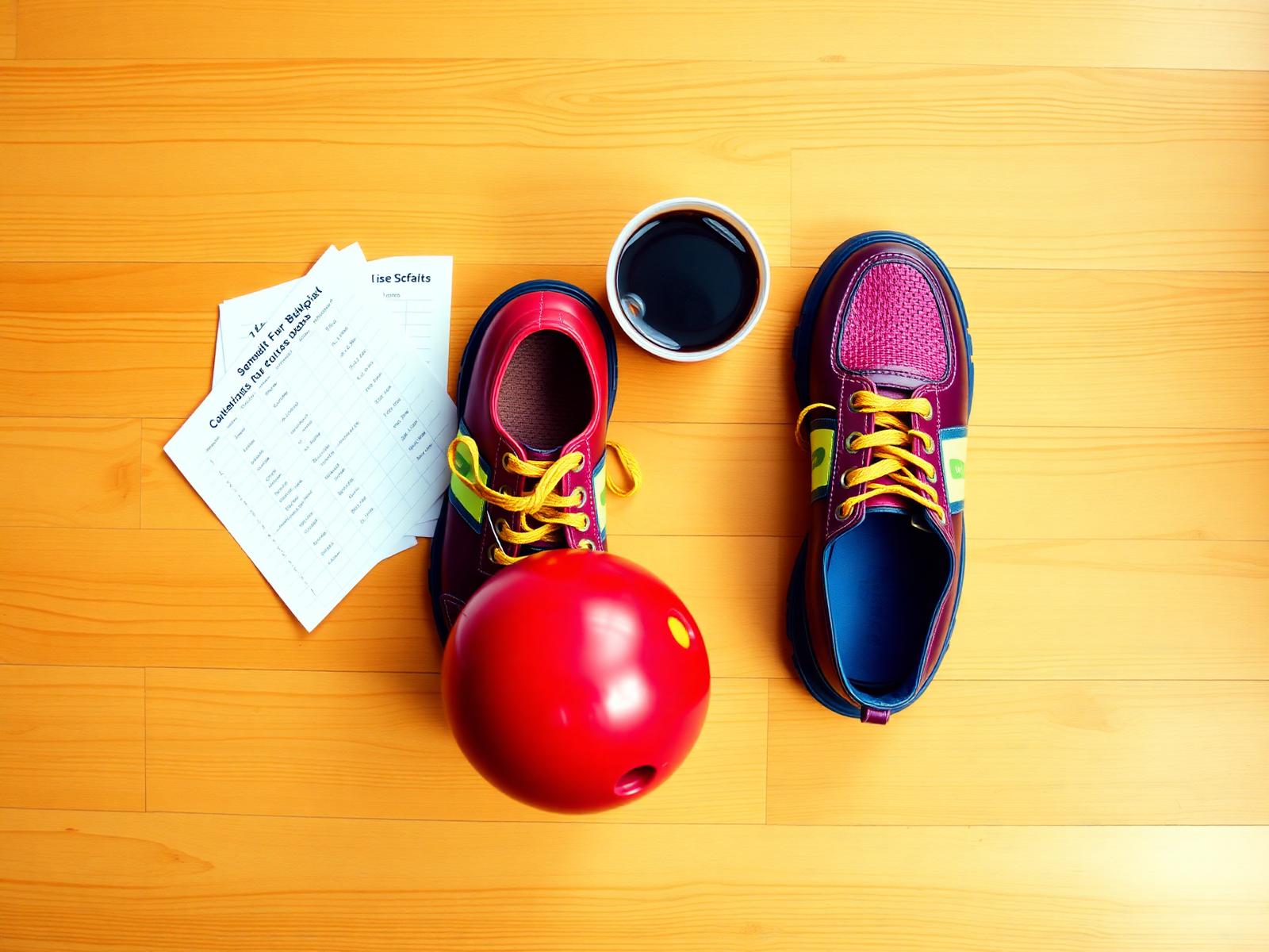 Rented bowling shoes, a house ball, and a scorecard laid out on a warm wood floor